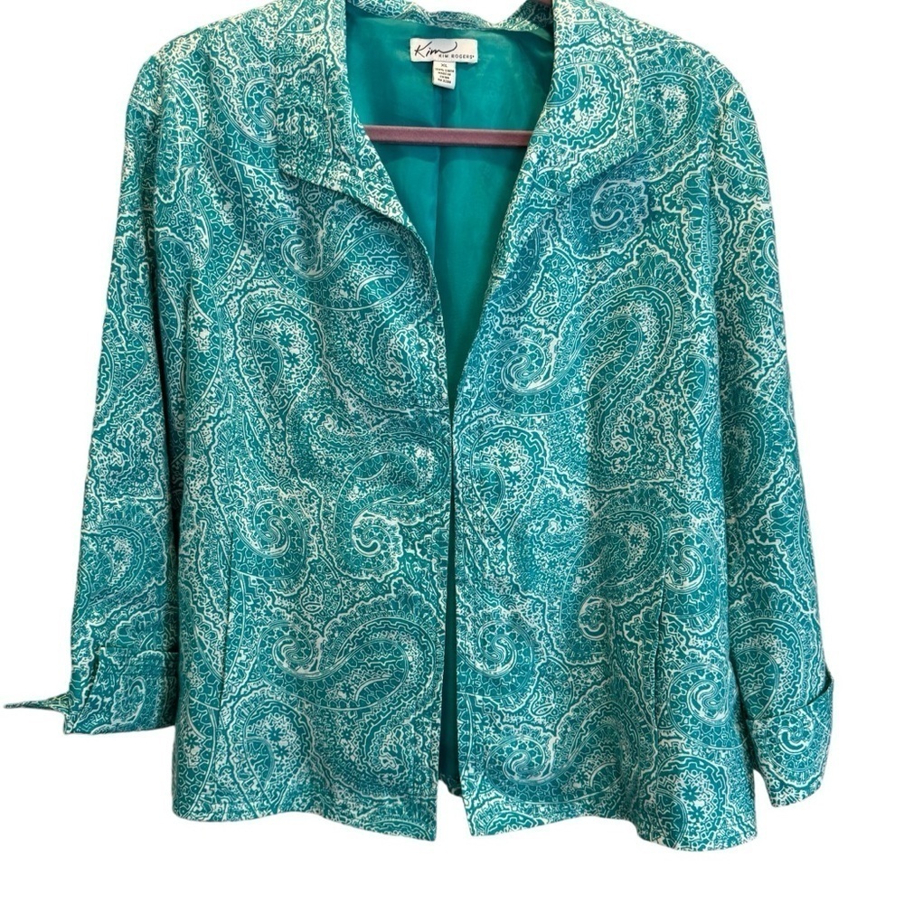 Kim Rogers turquoise blue fully lined summer lightweight linen Open front blazer